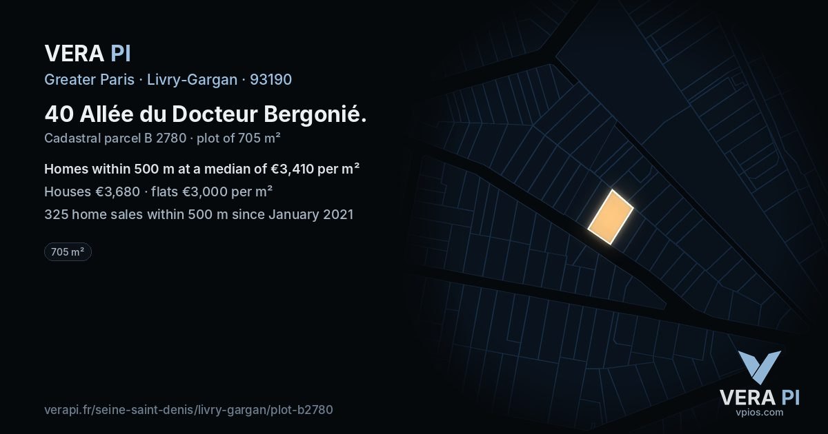 40 Allée du Docteur Bergonié, Livry-Gargan at night – the plot lit, the parcels around coloured by the prices near them