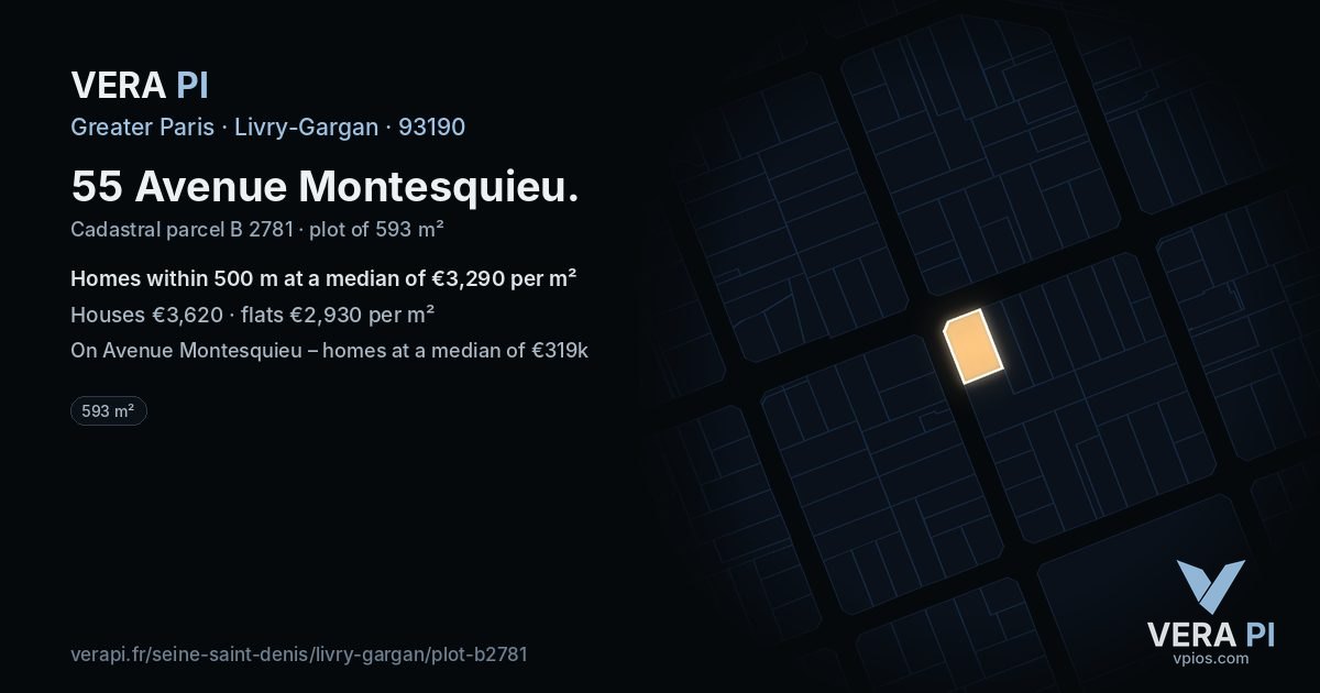 55 Avenue Montesquieu, Livry-Gargan at night – the plot lit, the parcels around coloured by the prices near them
