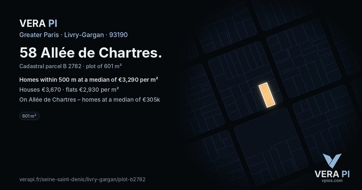 58 Allée de Chartres, Livry-Gargan at night – the plot lit, the parcels around coloured by the prices near them