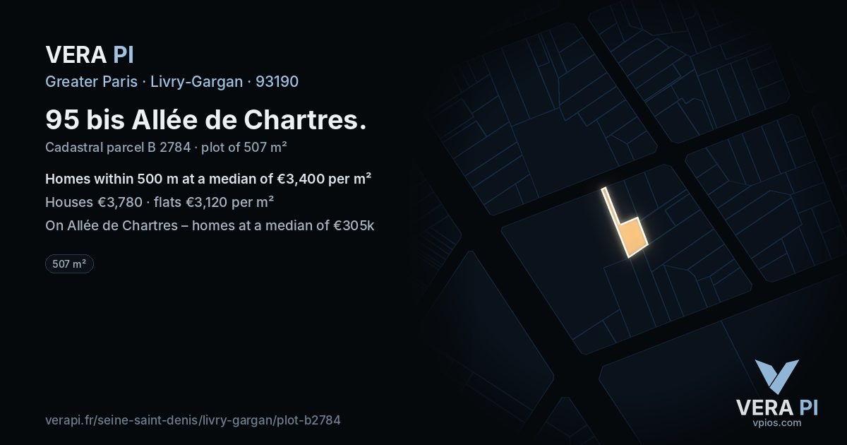 95 bis Allée de Chartres, Livry-Gargan at night – the plot lit, the parcels around coloured by the prices near them