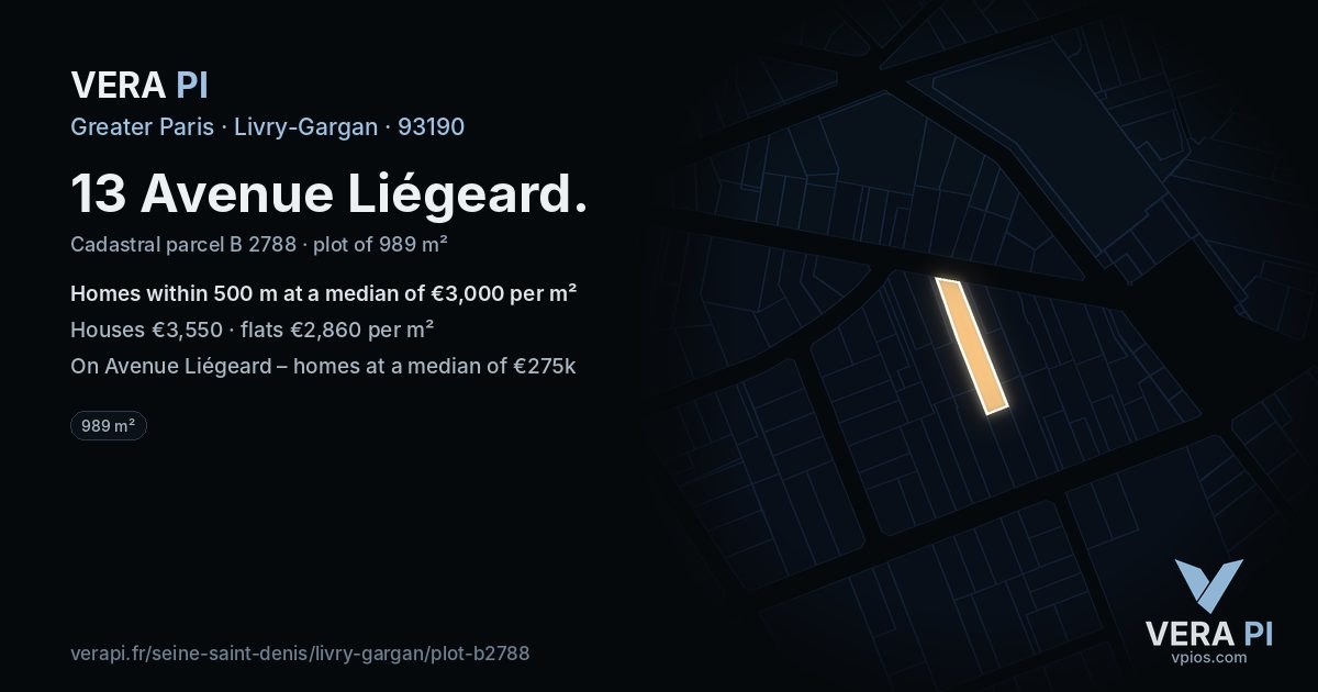 13 Avenue Liégeard, Livry-Gargan at night – the plot lit, the parcels around coloured by the prices near them