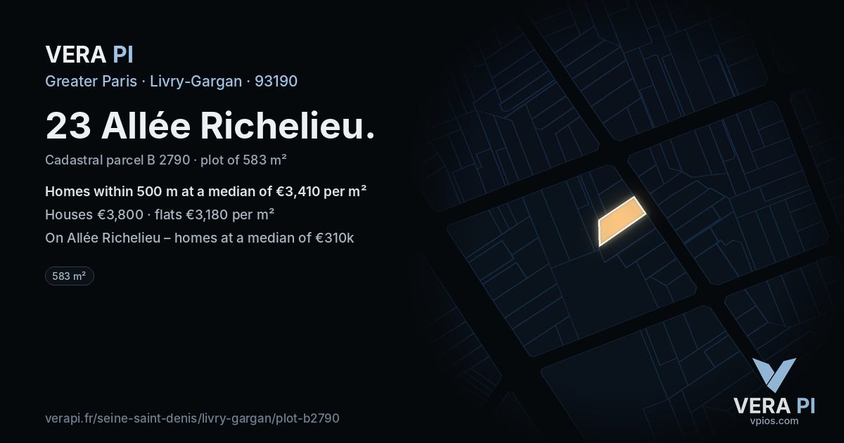 23 Allée Richelieu, Livry-Gargan at night – the plot lit, the parcels around coloured by the prices near them