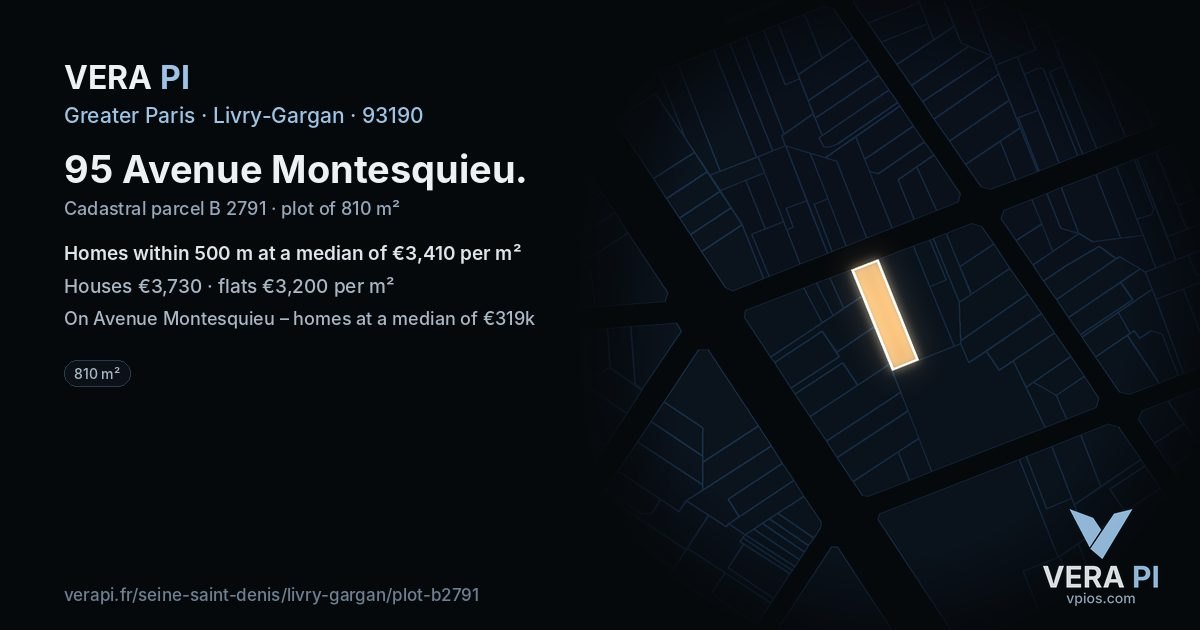95 Avenue Montesquieu, Livry-Gargan at night – the plot lit, the parcels around coloured by the prices near them