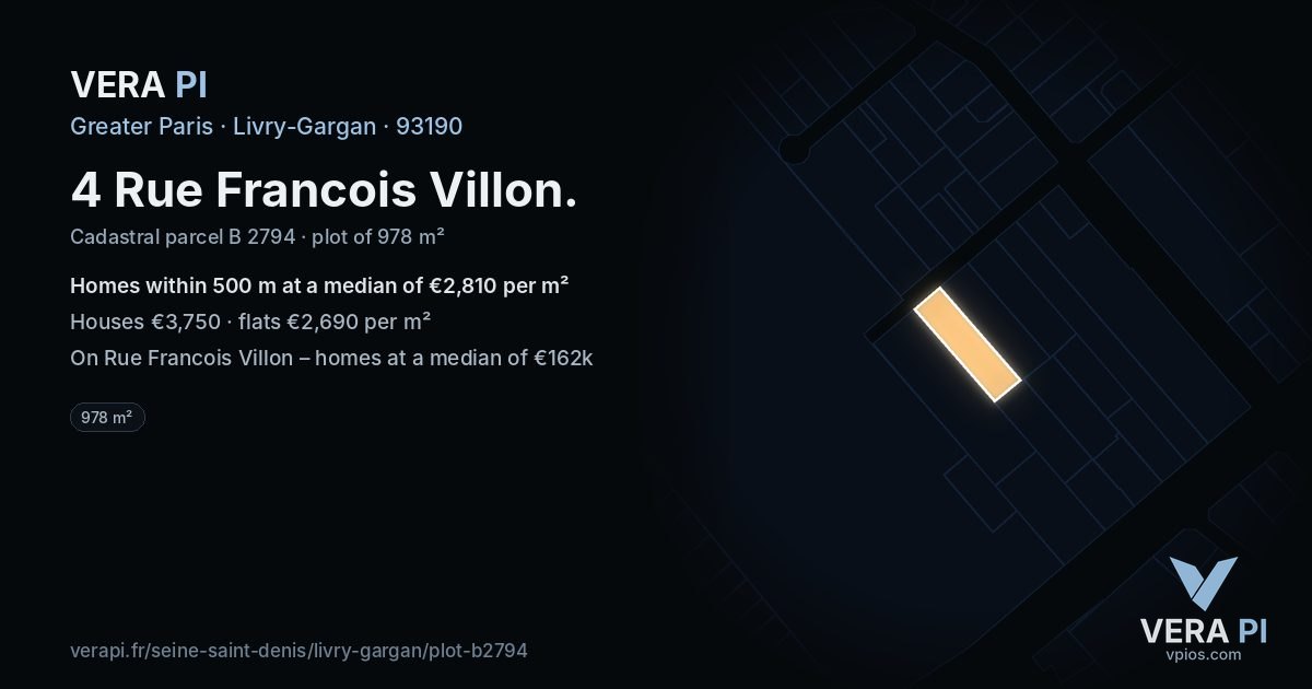 4 Rue Francois Villon, Livry-Gargan at night – the plot lit, the parcels around coloured by the prices near them