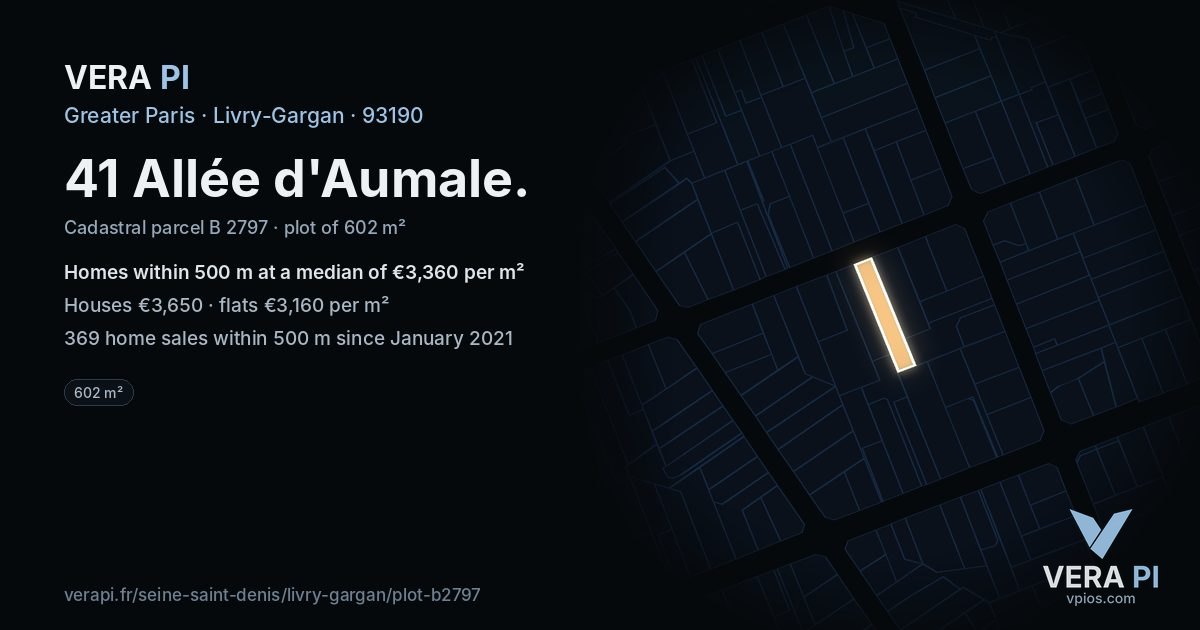 41 Allée d'Aumale, Livry-Gargan at night – the plot lit, the parcels around coloured by the prices near them
