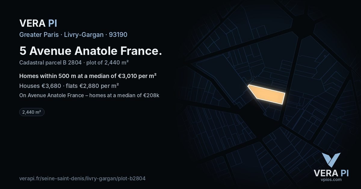 5 Avenue Anatole France, Livry-Gargan at night – the plot lit, the parcels around coloured by the prices near them