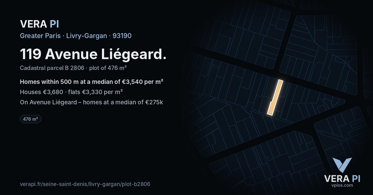 119 Avenue Liégeard, Livry-Gargan at night – the plot lit, the parcels around coloured by the prices near them