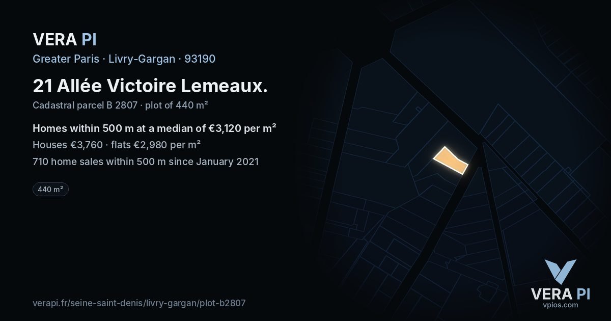 21 Allée Victoire Lemeaux, Livry-Gargan at night – the plot lit, the parcels around coloured by the prices near them