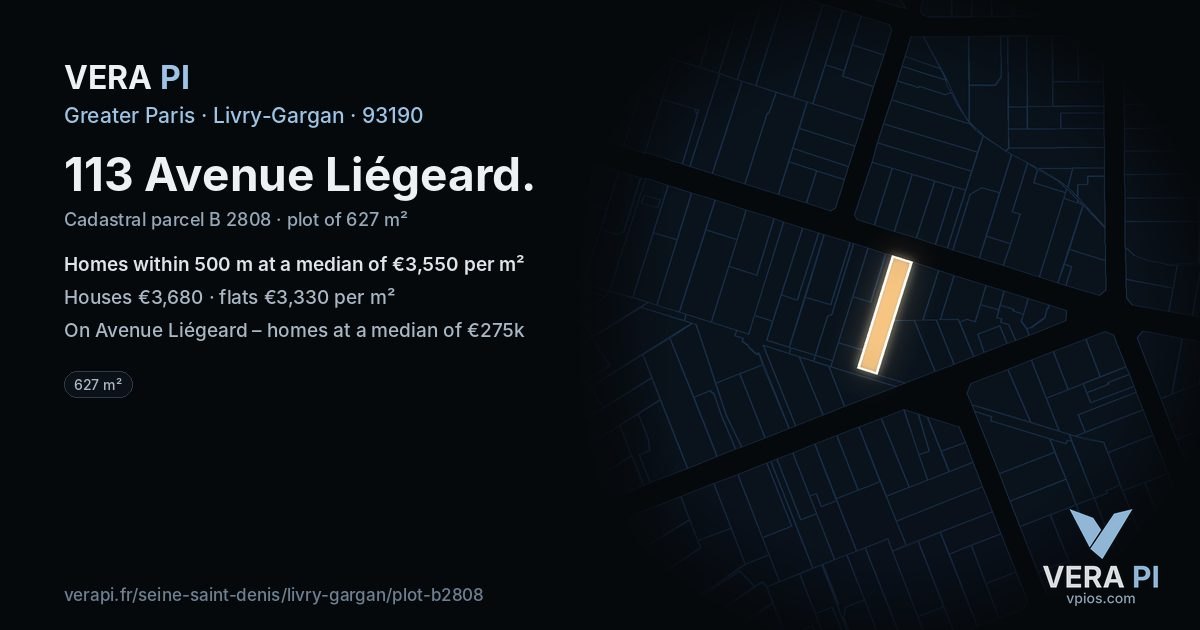 113 Avenue Liégeard, Livry-Gargan at night – the plot lit, the parcels around coloured by the prices near them