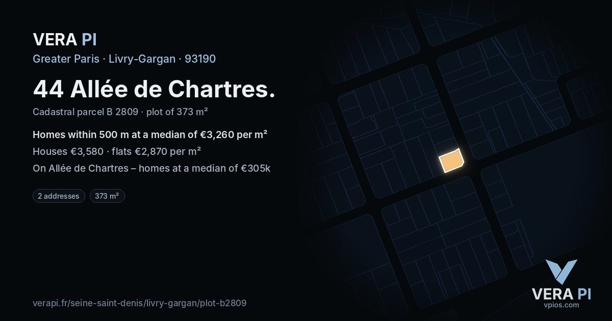 44 Allée de Chartres, Livry-Gargan at night – the plot lit, the parcels around coloured by the prices near them