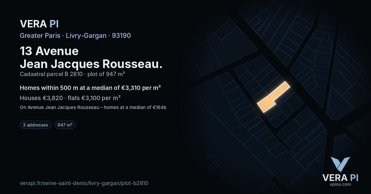 13 Avenue Jean Jacques Rousseau, Livry-Gargan at night – the plot lit, the parcels around coloured by the prices near them