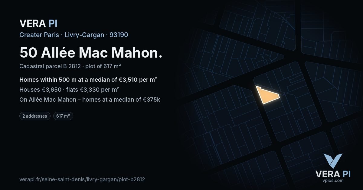 50 Allée Mac Mahon, Livry-Gargan at night – the plot lit, the parcels around coloured by the prices near them