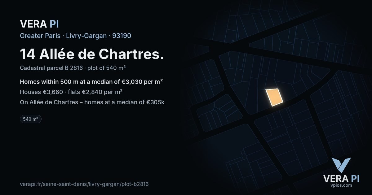 14 Allée de Chartres, Livry-Gargan at night – the plot lit, the parcels around coloured by the prices near them