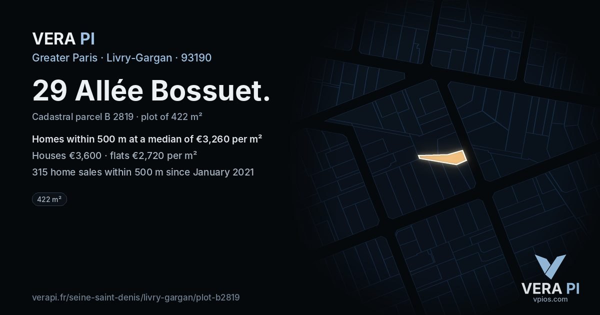 29 Allée Bossuet, Livry-Gargan at night – the plot lit, the parcels around coloured by the prices near them