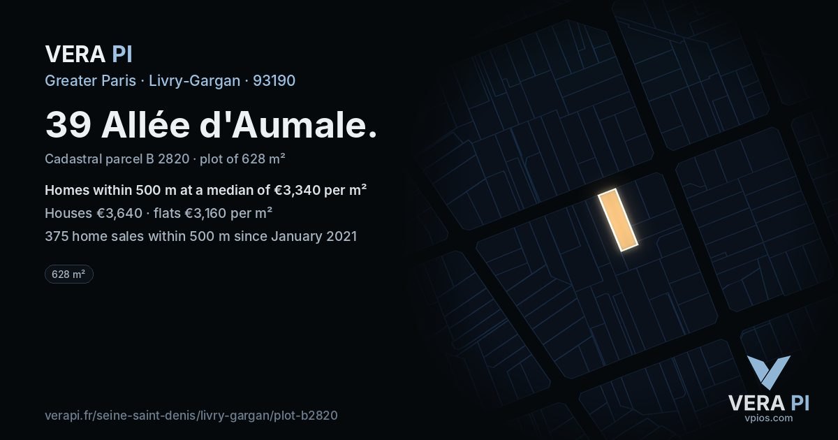 39 Allée d'Aumale, Livry-Gargan at night – the plot lit, the parcels around coloured by the prices near them