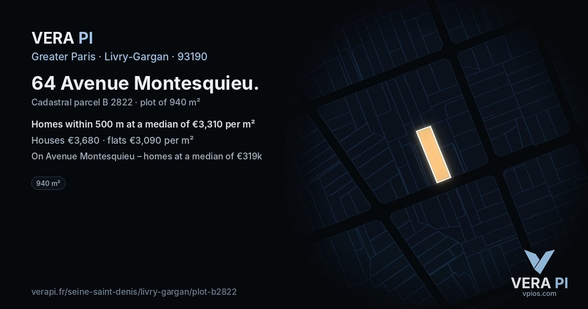 64 Avenue Montesquieu, Livry-Gargan at night – the plot lit, the parcels around coloured by the prices near them