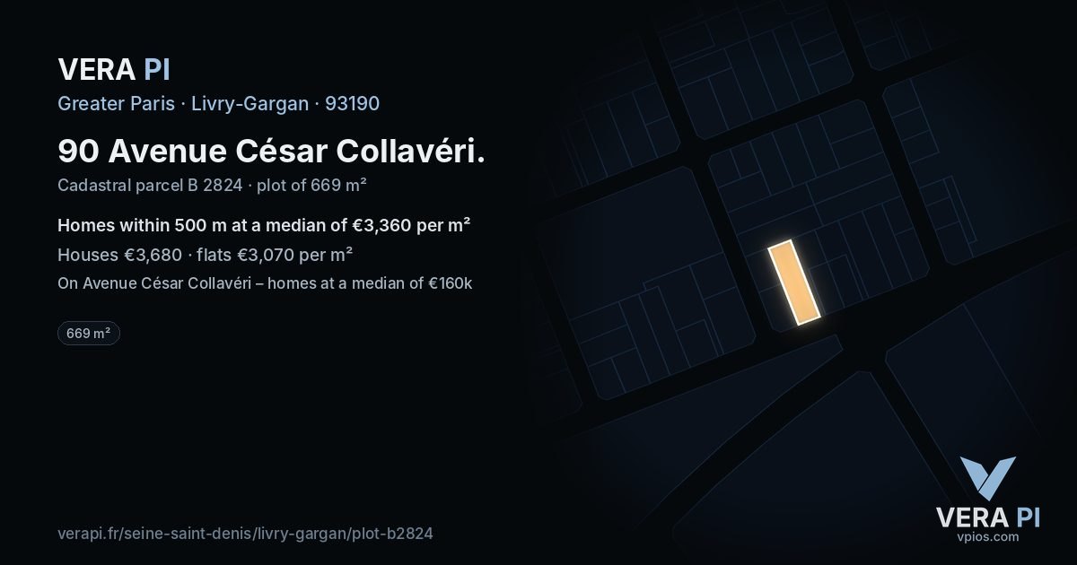 90 Avenue César Collavéri, Livry-Gargan at night – the plot lit, the parcels around coloured by the prices near them