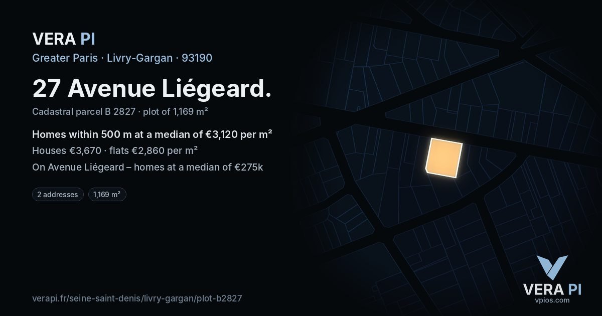 27 Avenue Liégeard, Livry-Gargan at night – the plot lit, the parcels around coloured by the prices near them