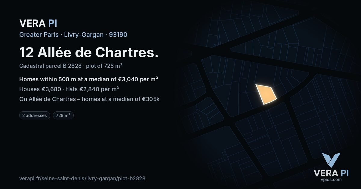 12 Allée de Chartres, Livry-Gargan at night – the plot lit, the parcels around coloured by the prices near them