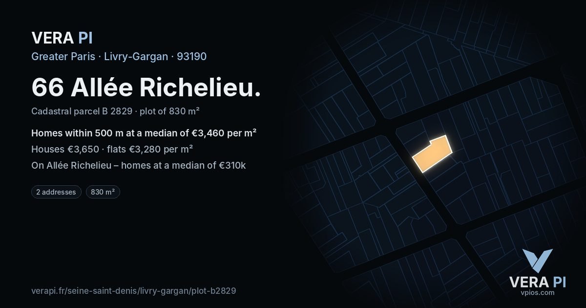 66 Allée Richelieu, Livry-Gargan at night – the plot lit, the parcels around coloured by the prices near them