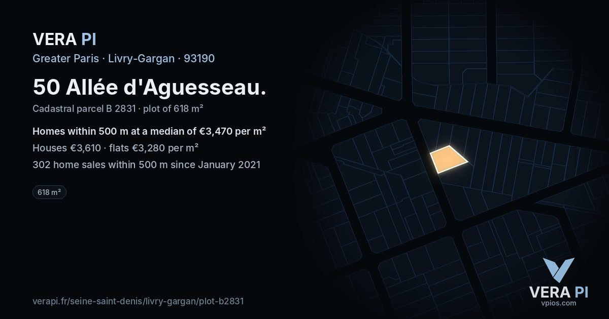 50 Allée d'Aguesseau, Livry-Gargan at night – the plot lit, the parcels around coloured by the prices near them