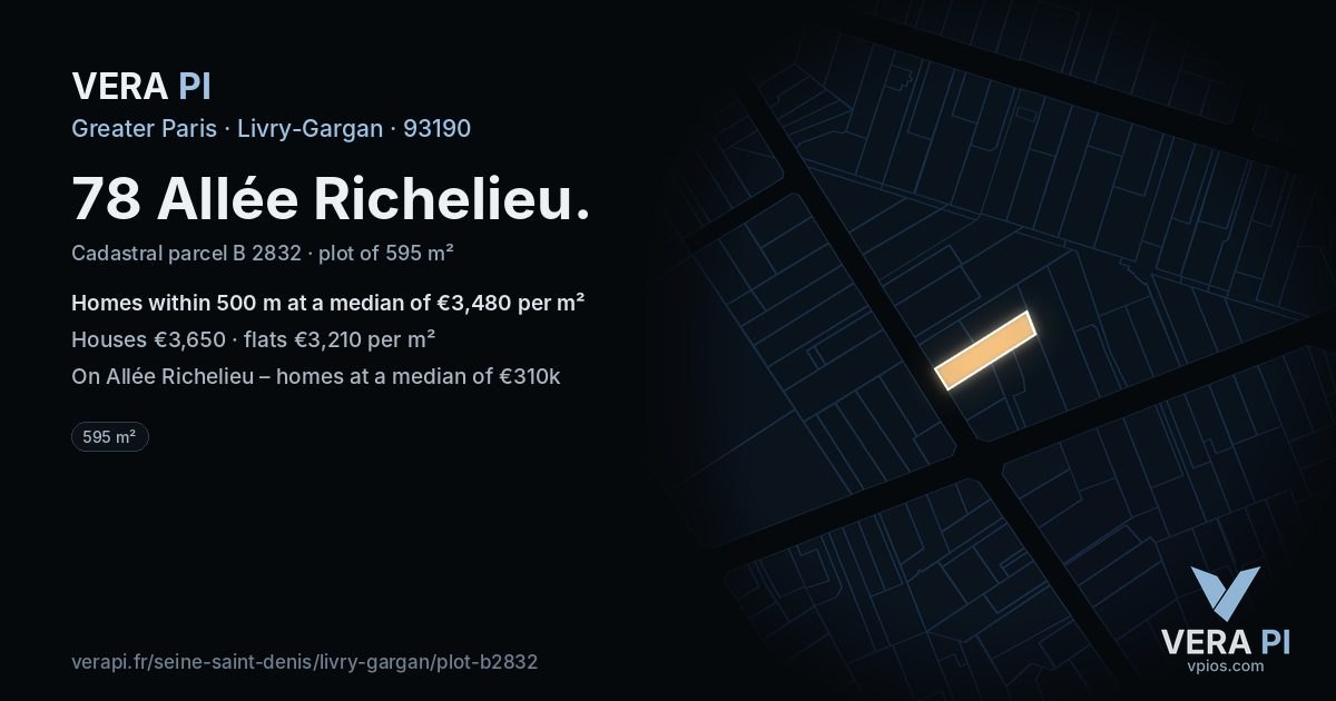 78 Allée Richelieu, Livry-Gargan at night – the plot lit, the parcels around coloured by the prices near them