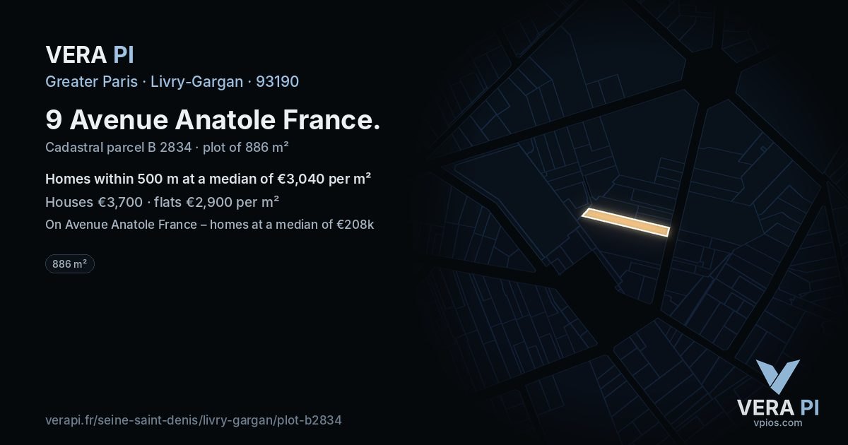 9 Avenue Anatole France, Livry-Gargan at night – the plot lit, the parcels around coloured by the prices near them