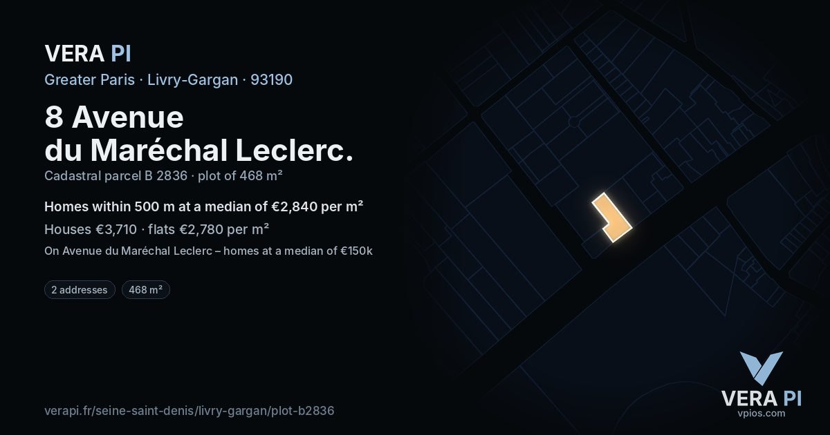 8 Avenue du Maréchal Leclerc, Livry-Gargan at night – the plot lit, the parcels around coloured by the prices near them