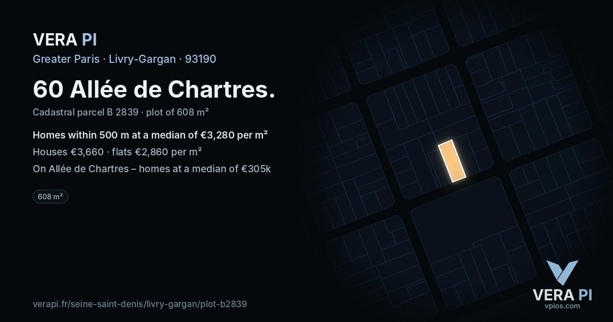 60 Allée de Chartres, Livry-Gargan at night – the plot lit, the parcels around coloured by the prices near them