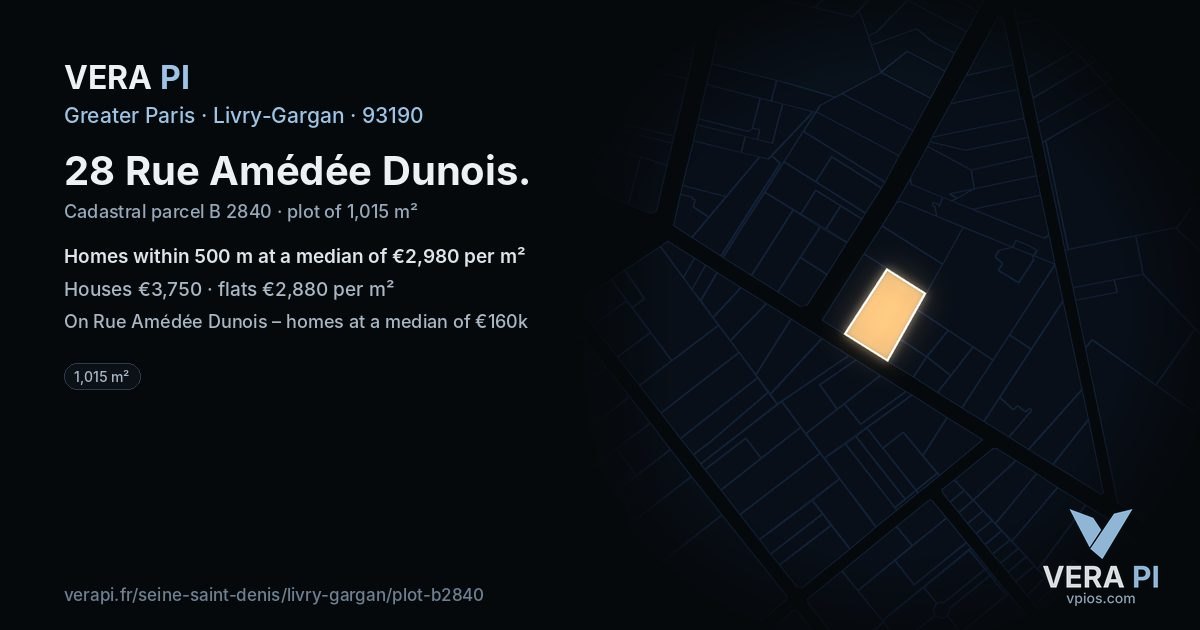 28 Rue Amédée Dunois, Livry-Gargan at night – the plot lit, the parcels around coloured by the prices near them