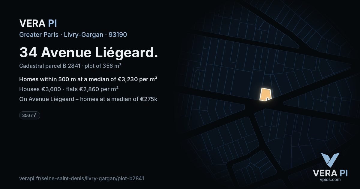 34 Avenue Liégeard, Livry-Gargan at night – the plot lit, the parcels around coloured by the prices near them