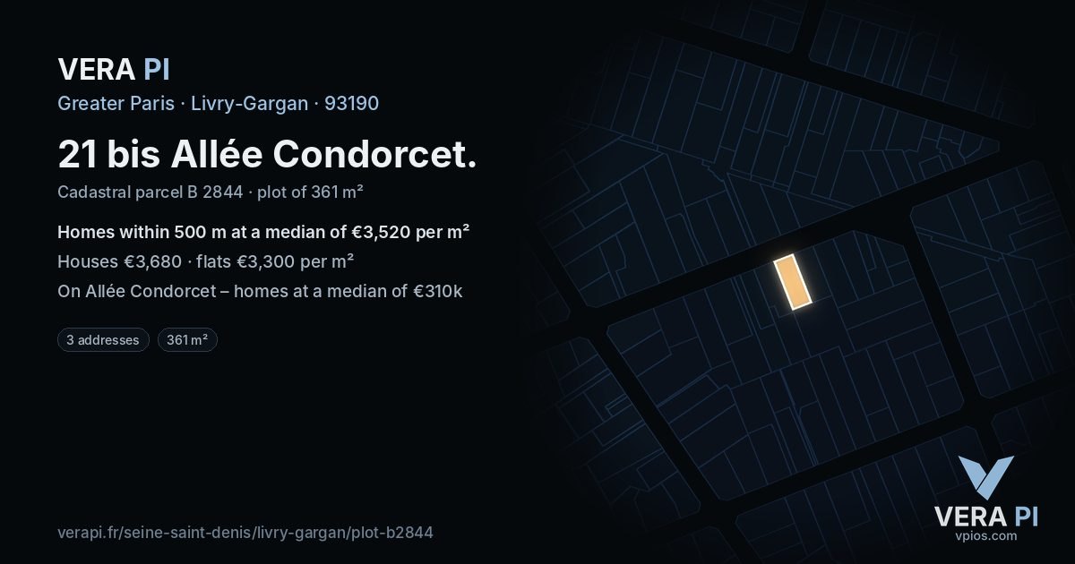 21 bis Allée Condorcet, Livry-Gargan at night – the plot lit, the parcels around coloured by the prices near them