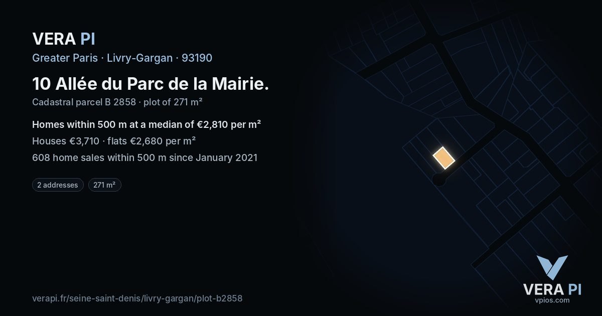 10 Allée du Parc de la Mairie, Livry-Gargan at night – the plot lit, the parcels around coloured by the prices near them
