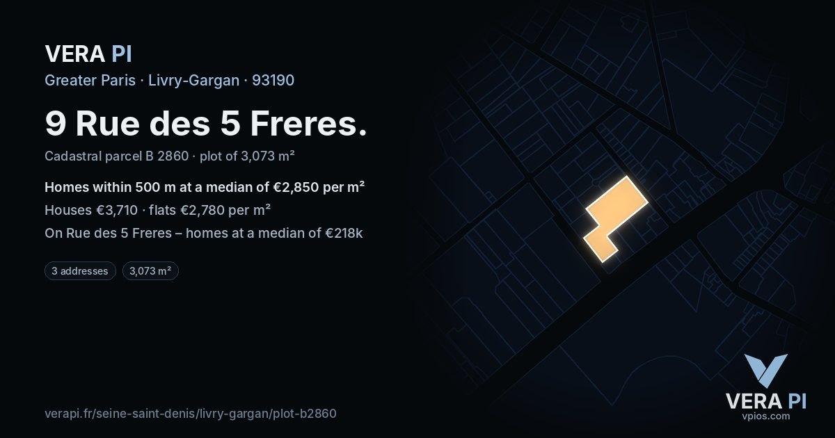 9 Rue des 5 Freres, Livry-Gargan at night – the plot lit, the parcels around coloured by the prices near them