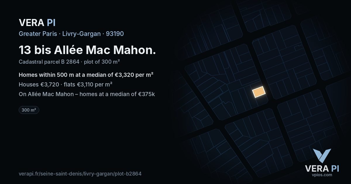 13 bis Allée Mac Mahon, Livry-Gargan at night – the plot lit, the parcels around coloured by the prices near them