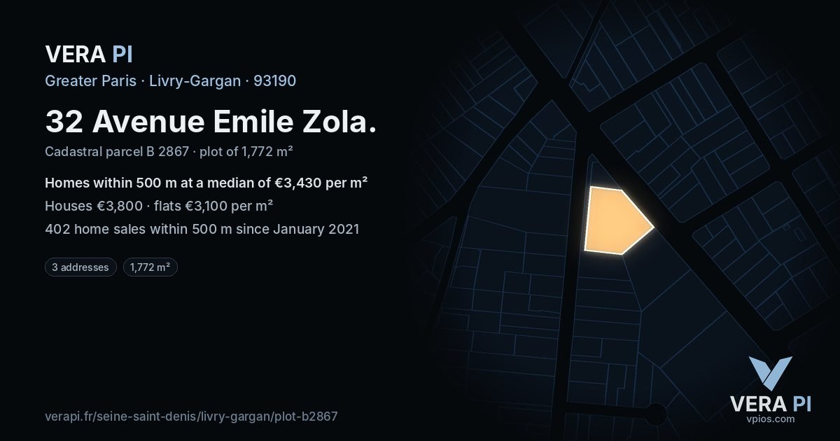 32 Avenue Emile Zola, Livry-Gargan at night – the plot lit, the parcels around coloured by the prices near them