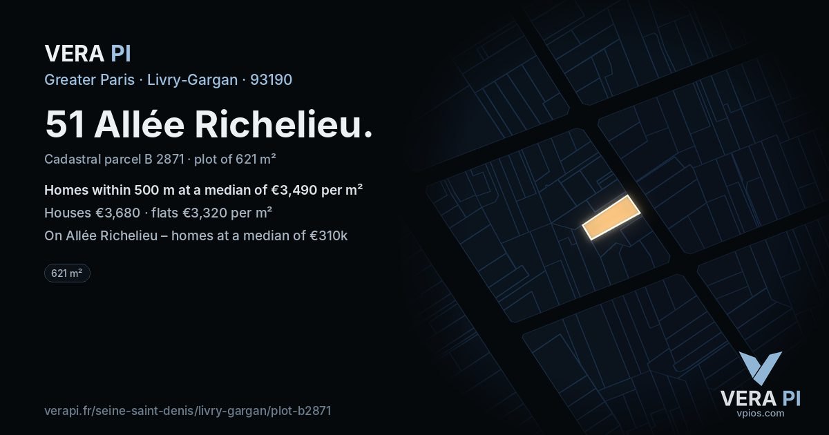 51 Allée Richelieu, Livry-Gargan at night – the plot lit, the parcels around coloured by the prices near them