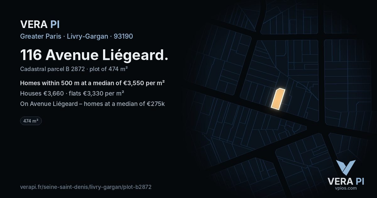 116 Avenue Liégeard, Livry-Gargan at night – the plot lit, the parcels around coloured by the prices near them