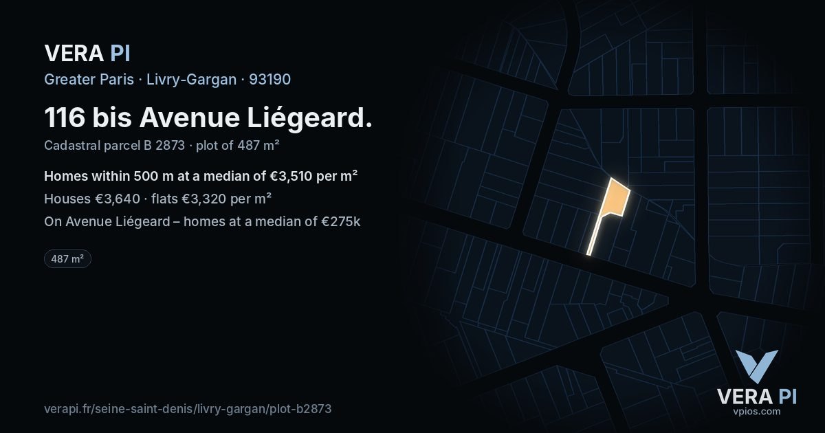 116 bis Avenue Liégeard, Livry-Gargan at night – the plot lit, the parcels around coloured by the prices near them