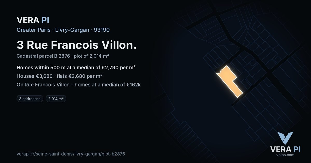 3 Rue Francois Villon, Livry-Gargan at night – the plot lit, the parcels around coloured by the prices near them