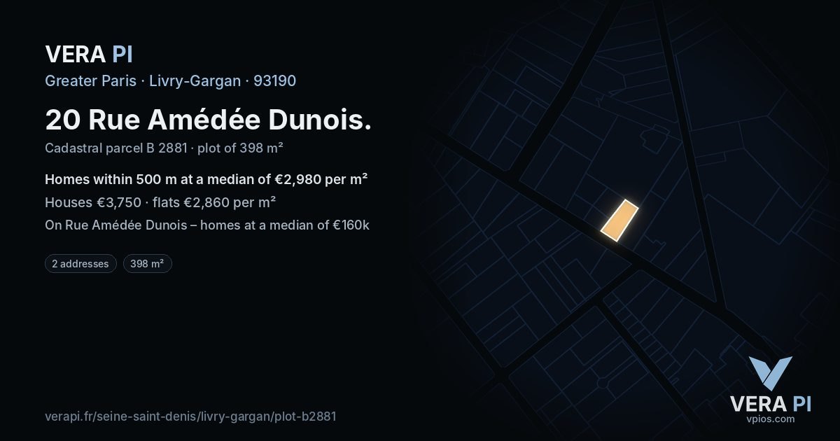 20 Rue Amédée Dunois, Livry-Gargan at night – the plot lit, the parcels around coloured by the prices near them