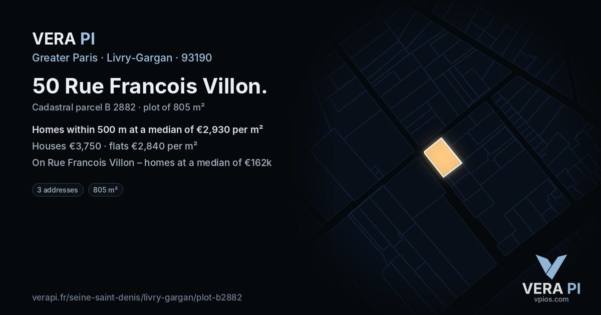 50 Rue Francois Villon, Livry-Gargan at night – the plot lit, the parcels around coloured by the prices near them