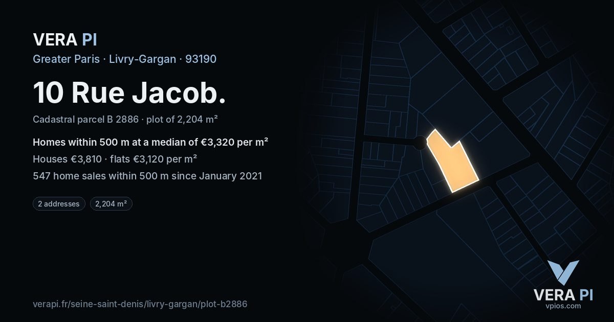 10 Rue Jacob, Livry-Gargan at night – the plot lit, the parcels around coloured by the prices near them
