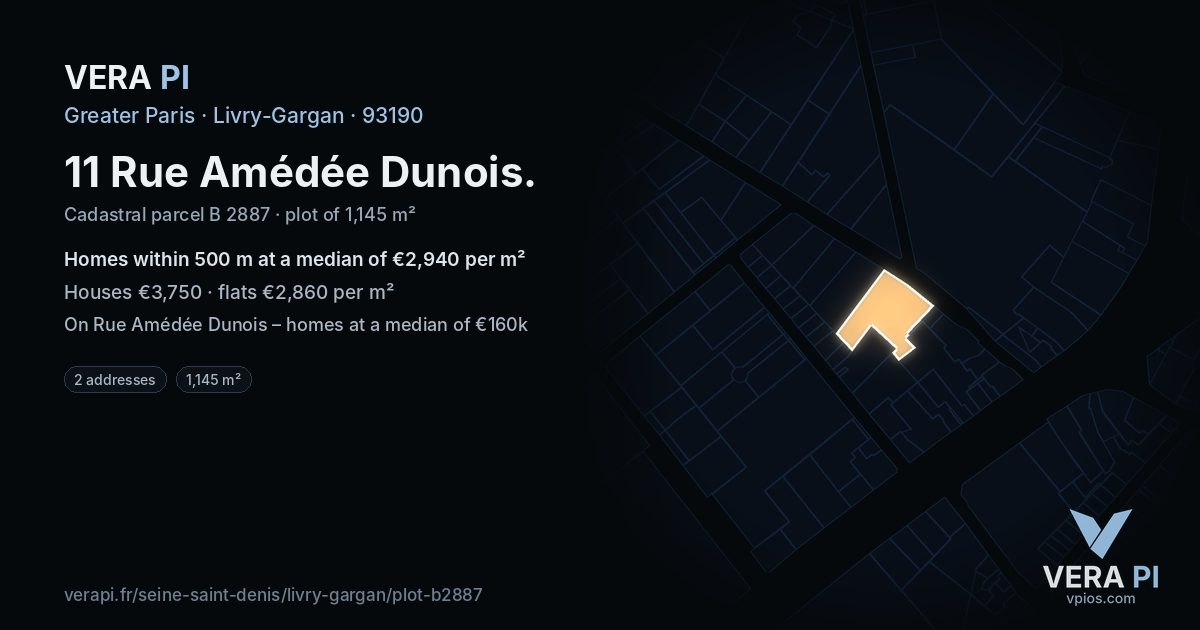 11 Rue Amédée Dunois, Livry-Gargan at night – the plot lit, the parcels around coloured by the prices near them