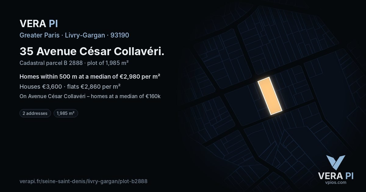 35 Avenue César Collavéri, Livry-Gargan at night – the plot lit, the parcels around coloured by the prices near them