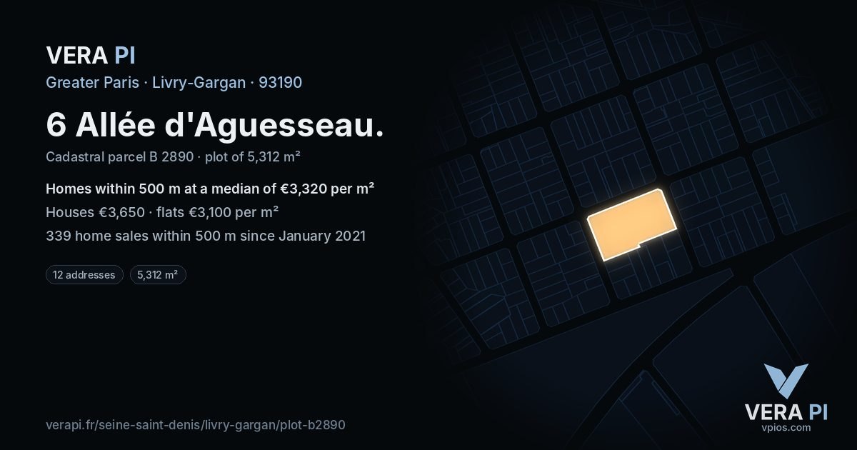 6 Allée d'Aguesseau, Livry-Gargan at night – the plot lit, the parcels around coloured by the prices near them
