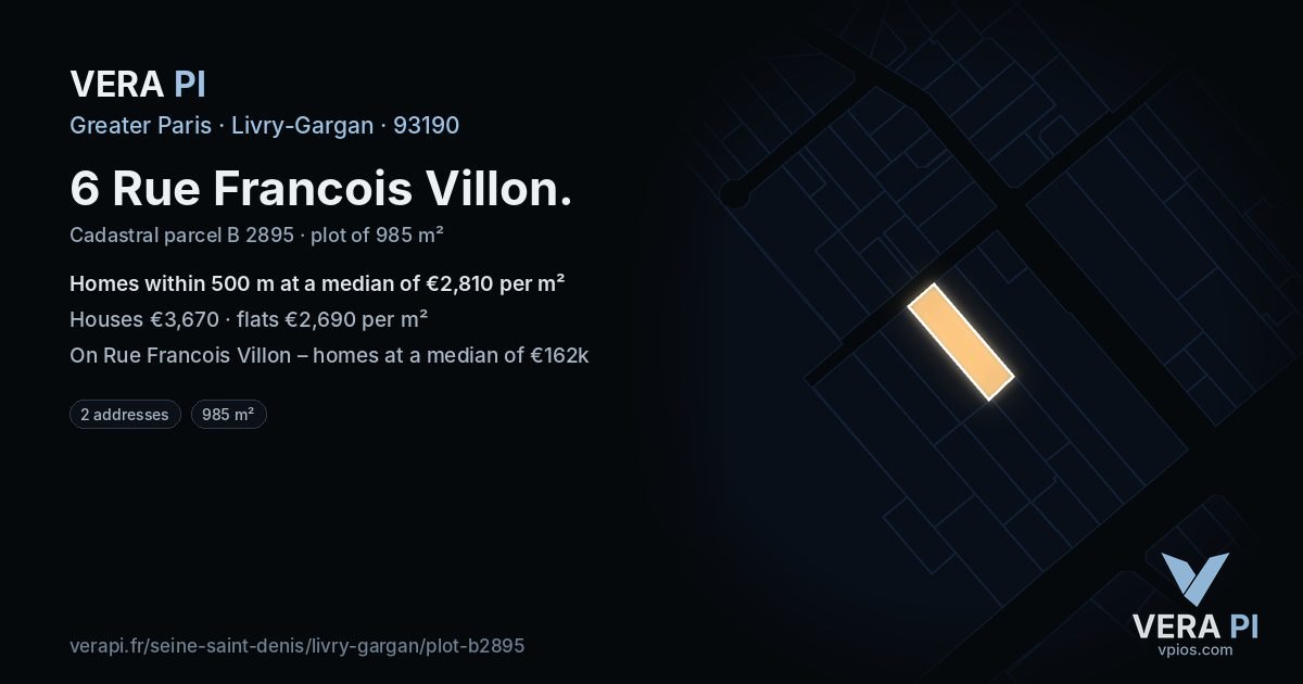 6 Rue Francois Villon, Livry-Gargan at night – the plot lit, the parcels around coloured by the prices near them