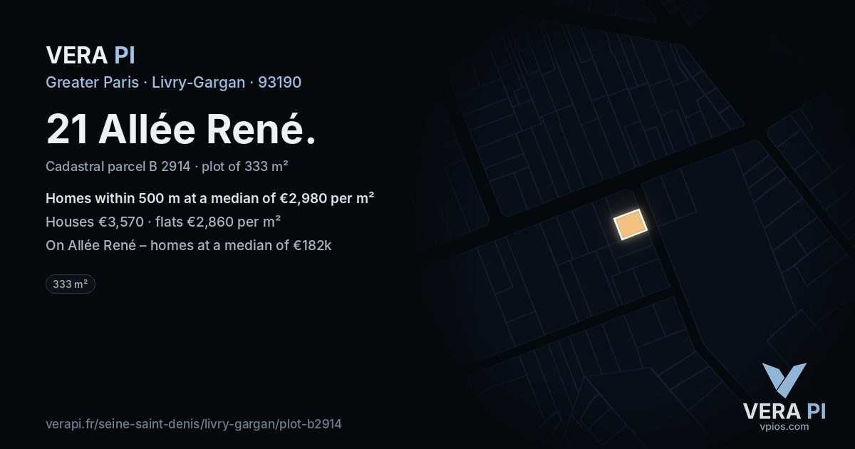 21 Allée René, Livry-Gargan at night – the plot lit, the parcels around coloured by the prices near them