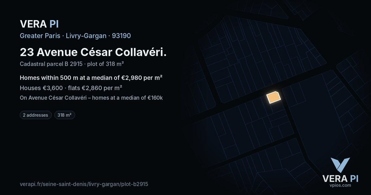 23 Avenue César Collavéri, Livry-Gargan at night – the plot lit, the parcels around coloured by the prices near them