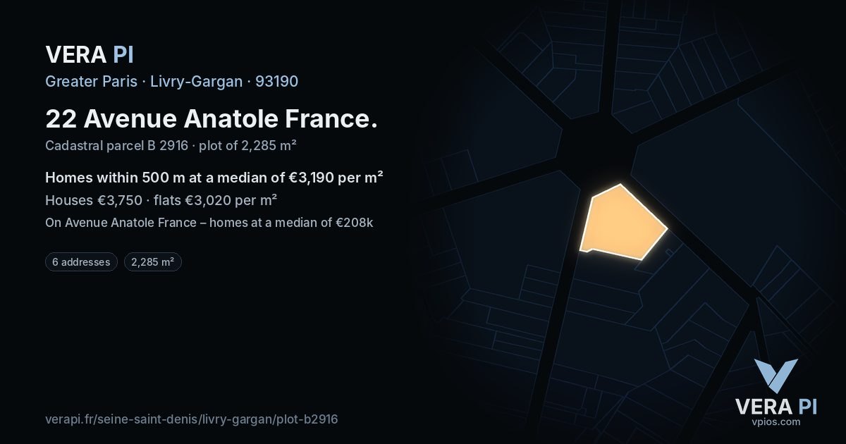 22 Avenue Anatole France, Livry-Gargan at night – the plot lit, the parcels around coloured by the prices near them